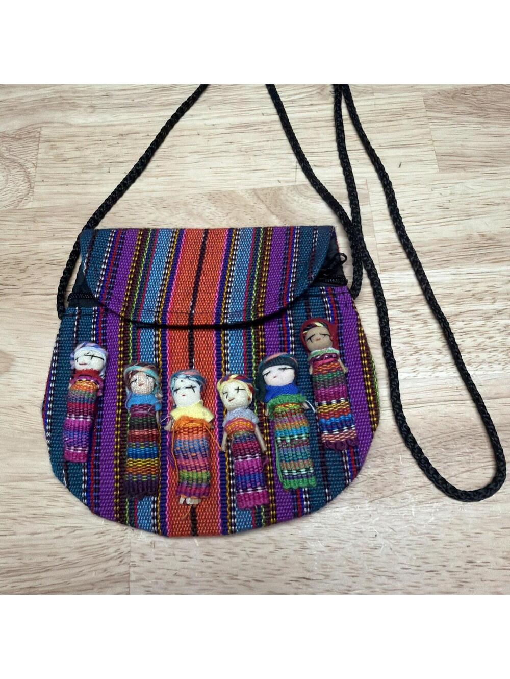 Colorful Guatemalan Worry Doll Pouch Purse Handmade Cloth Boho Purple Orange